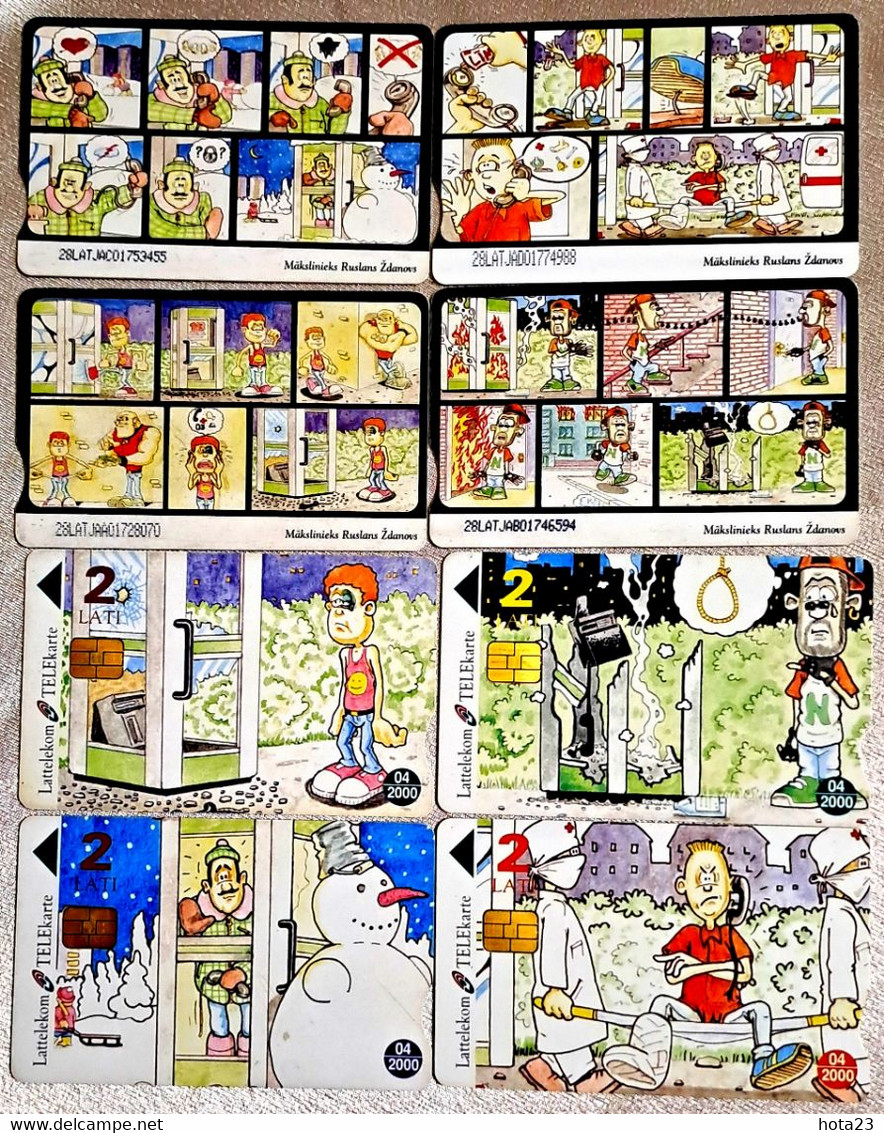 Latvia Phone Cards Set Comic Snowman, Ambulance, Red Cross, Fire, Broken Phone - Latvia