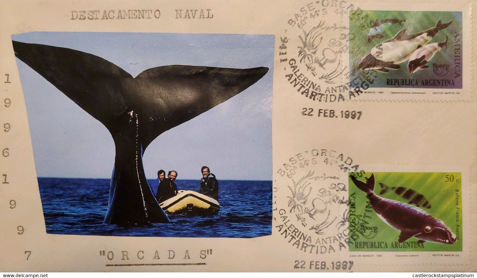 A) 1997, ARGENTINA, UPAEP, ANTARCTICA, NAVAL DETACHMENT, ORCADAS BASE, MARINE ANIMALS, XF - Covers & Documents