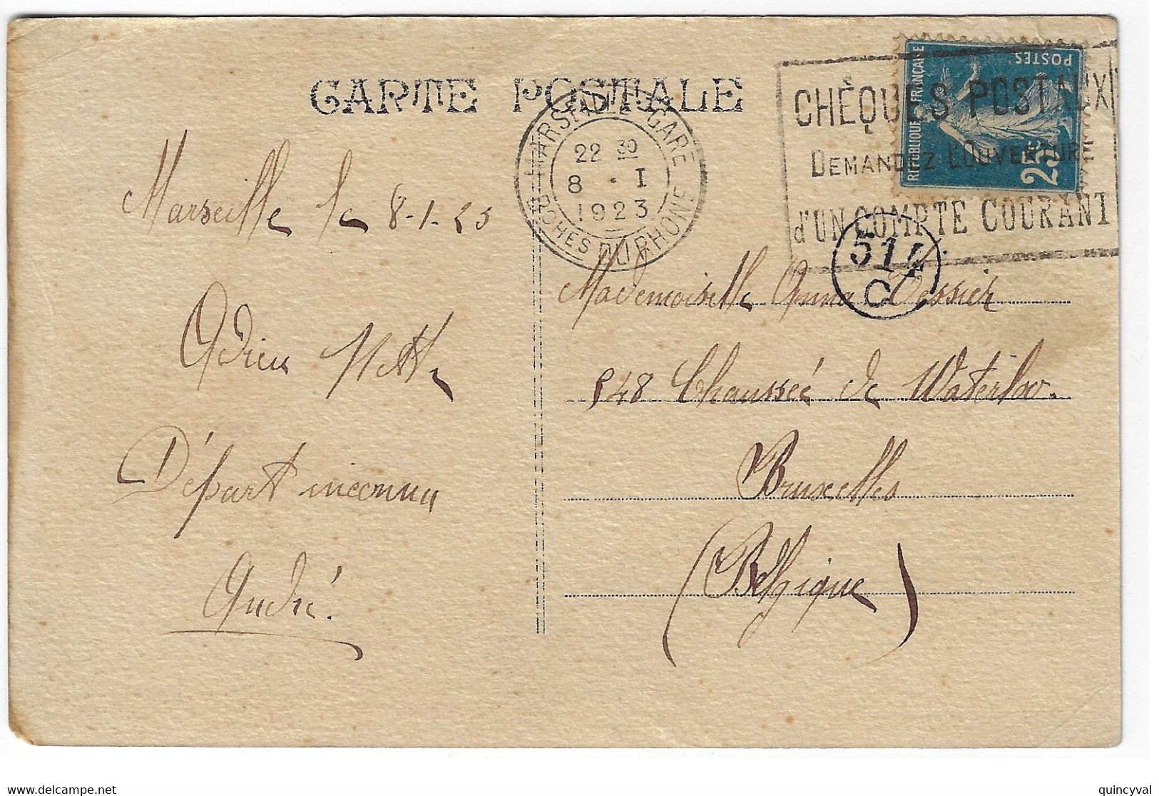 MARSEILLE GARE Bches Carte Postale Dest Belgique 25c Semeuse Bleu Yv 140 Ob 1923 Flamme Chéques Postaux Arrivée 514C - Covers & Documents