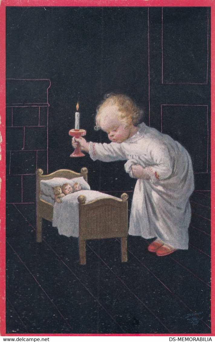 Wally Fialkowska - Child W Dolls & Candle Old Postcard - Fialkowska, Wally