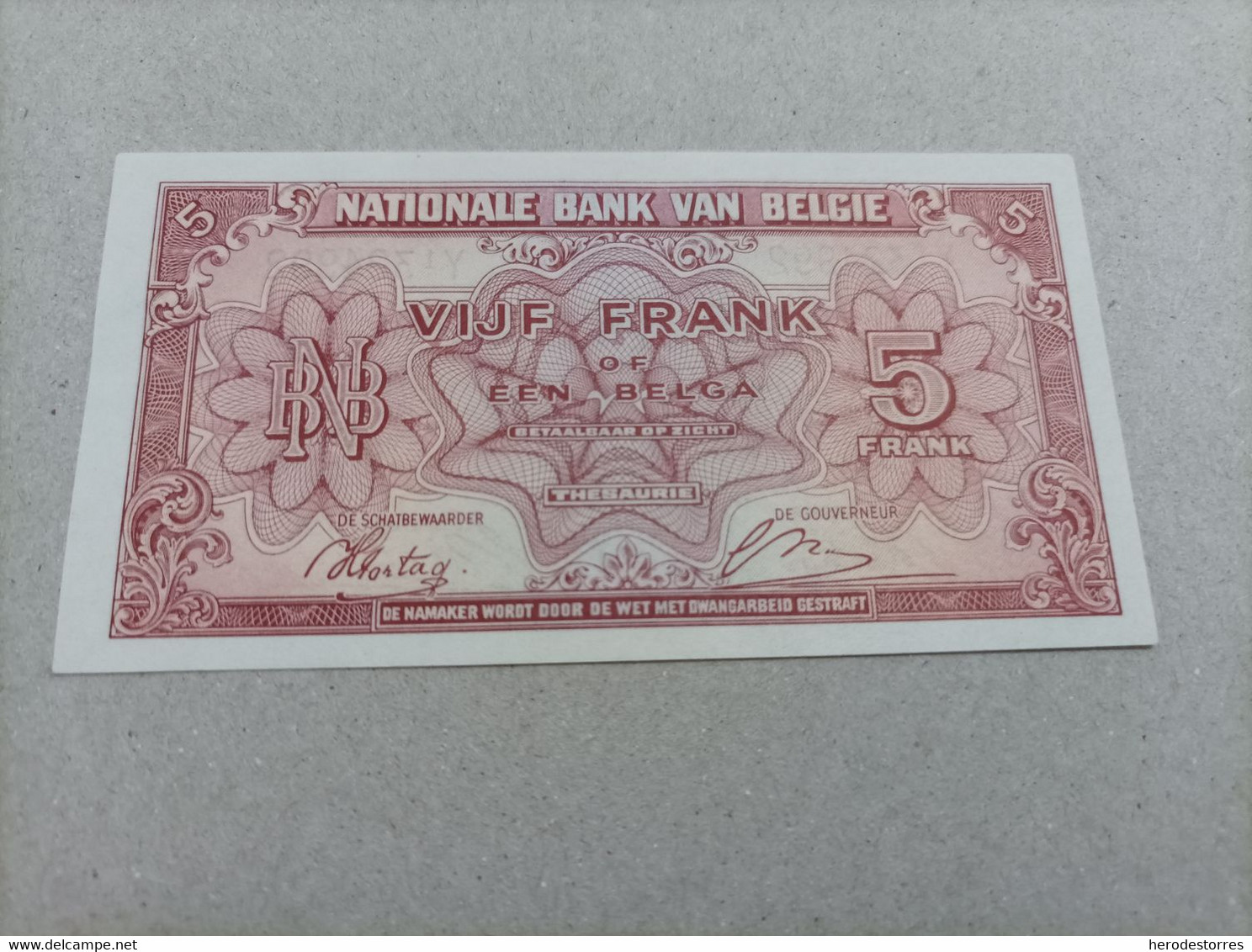 Billete De Bélgica De 5 Francos, Año 1943, UNC - 5 Francs