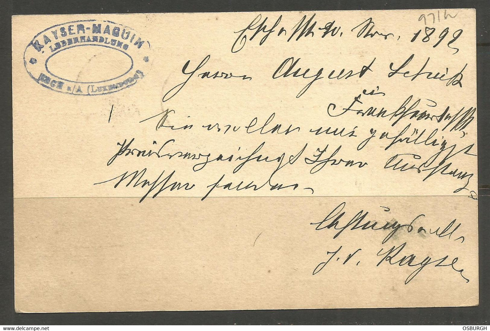 LUXEMBURG. 1892. CARD. ESCH SUR ALZETTE. KAYSER MAGUIN – LEATHER. - 1882 Allegorie