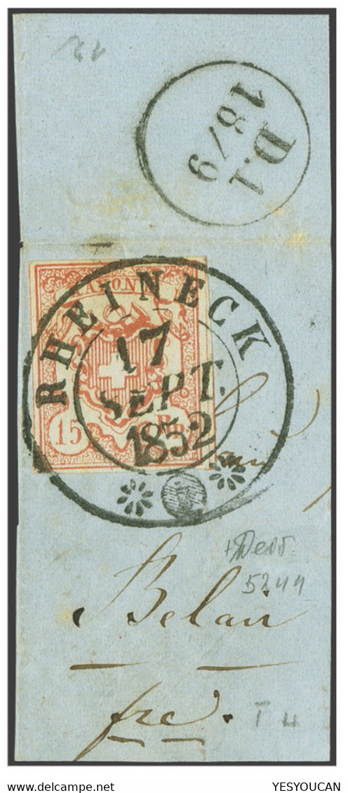 1852 ZNr 20, LUXUS STEMPEL RHEINECK 15 Rp Rayon III Seltener Gruppenabstand, Attest V.der Weid (Schweiz SG St Gallen - 1843-1852 Federal & Cantonal Stamps