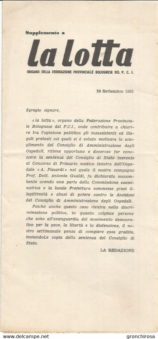 Bologna 1955 La Lotta Organo Federazione PCI, Ricorso Per Il Primario Di Tisiatria Dell'Ospedale C.A. Pizzardi. - Maatschappij, Politiek, Economie