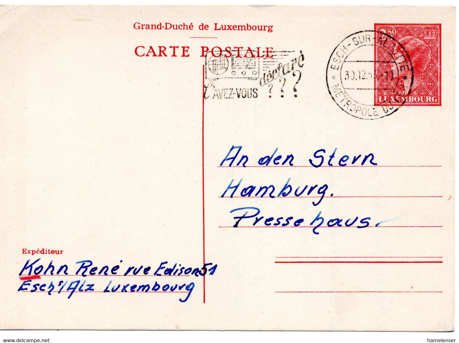 63558 - Luxemburg - 1955 - 2,50F Charlotte GAKte ESCH-SUR-ALZETTE - L'AVEZ-VOUS DECLARE ??? -> Westdeutschland - Brieven En Documenten