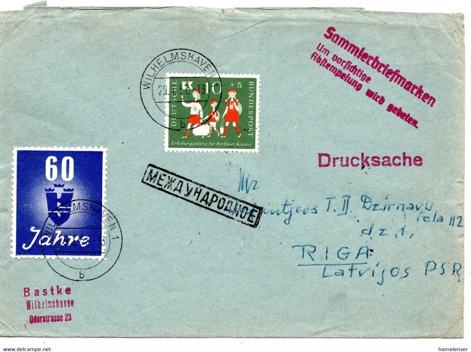 63578 - Bund - 1957 - 10Pfg Berliner Kinder EF A DrucksBf WILHELMSHAVEN -> RIGA (UdSSR) - Covers & Documents