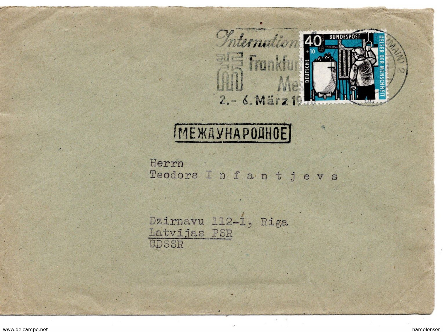 63582 - Bund - 1958 - 40Pfg WoFa '57 EF A Bf FRANKFURT - ... -> RIGA (UdSSR) - Briefe U. Dokumente