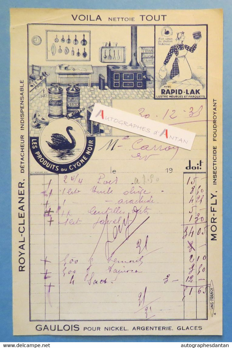 ● Facture 1933 Produits Du Cygne Noir - Rapid Lak - Royal Cleaner - Gaulois Pour Nickel... à M. Carron - Lentilles Javel - Chemist's (drugstore) & Perfumery