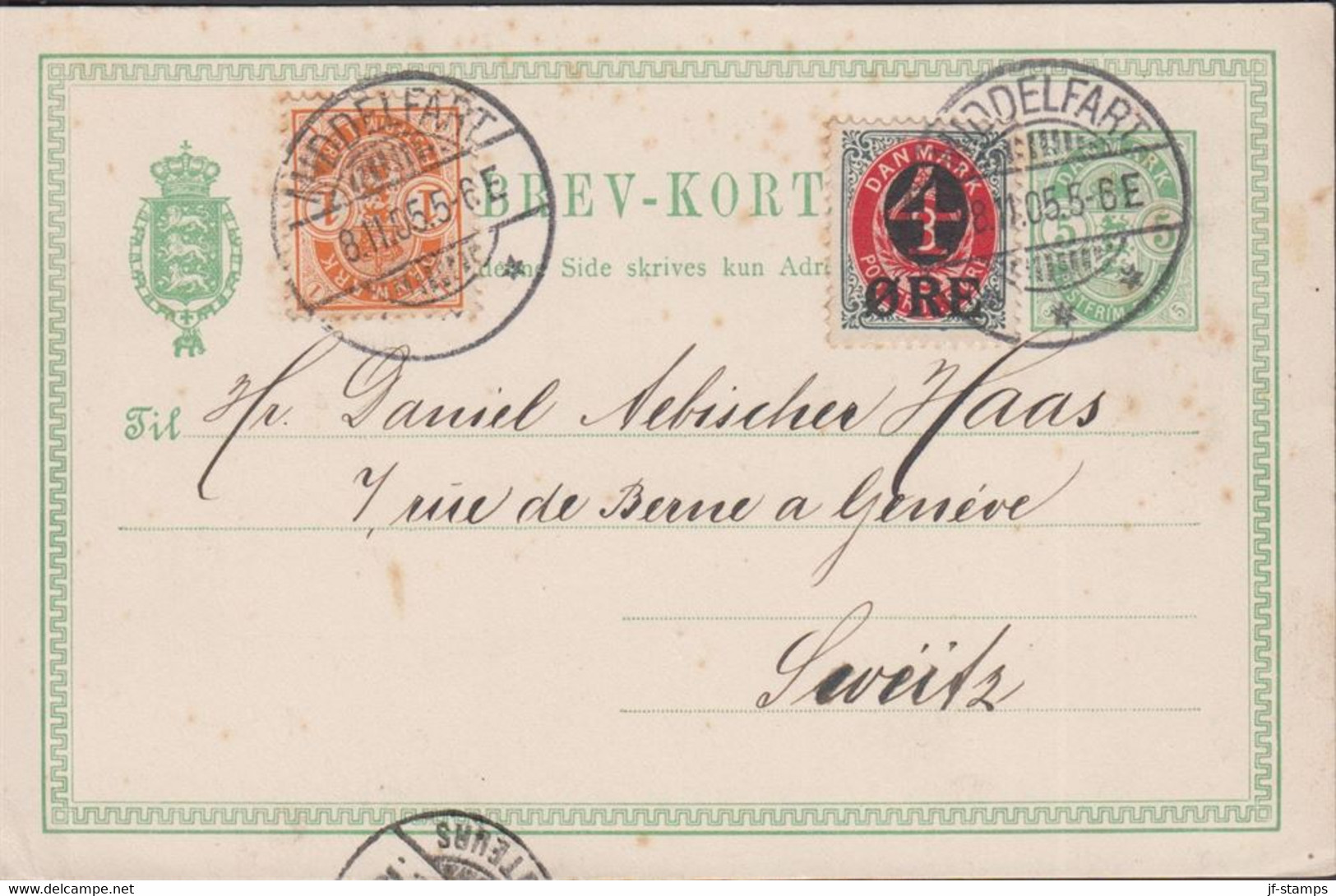 1905. DANMARK. 5 ØRE BREVKORT With Additional 1 ØRE Coat Of Arms And 4 ØRE On 8 ØRE From ... (Michel 37 + 40) - JF436470 - Storia Postale