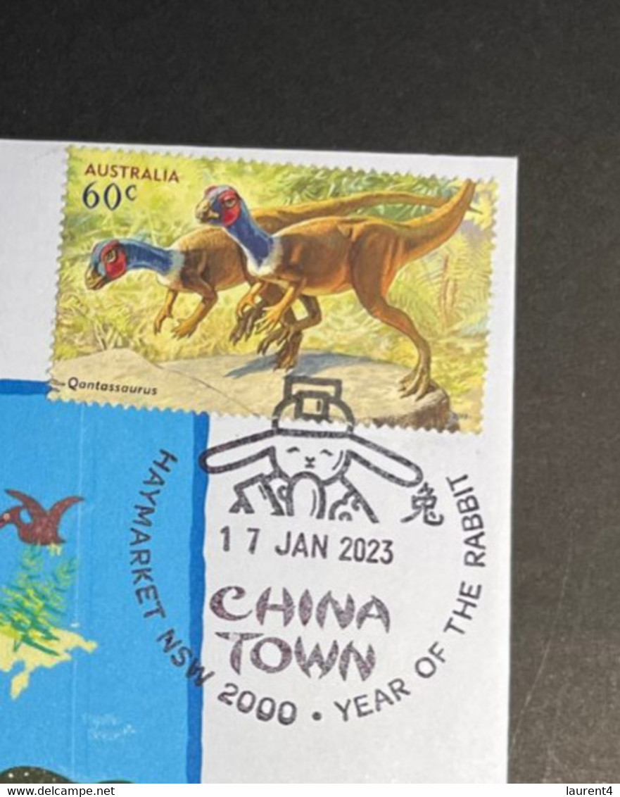 (1 Oø 12) Dinosaur - With Dinosaur 60cent Stamp - Black Lunar New Year Of The Rabbit Postmark (world Dino-map) - Lettres & Documents