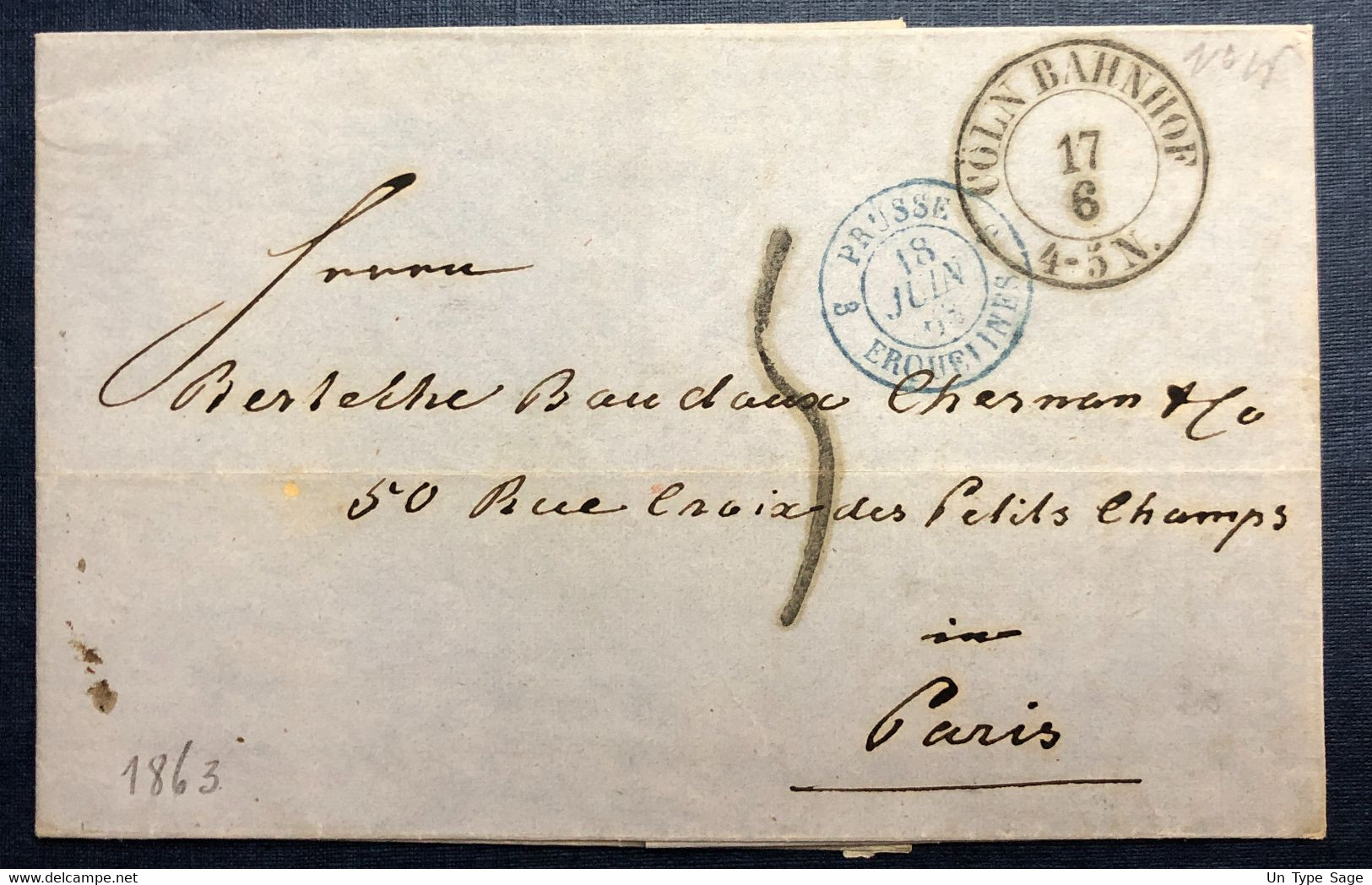 France, TAD D'entrée PRUSSE / ERQUELINES 18.6.1863 Sur Lettre De COLN - (B1769) - Marques D'entrées