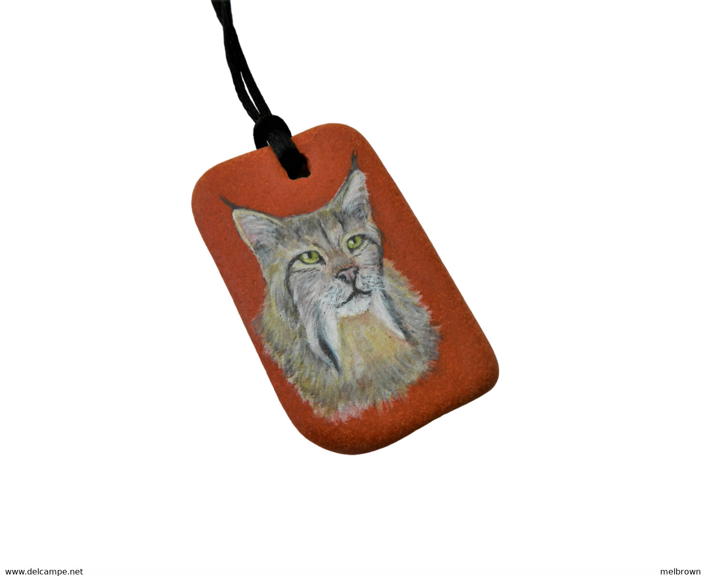 LYNX Cat Hand Painted On A Sea-Worn Terracotta Tile Pendant - Animaux