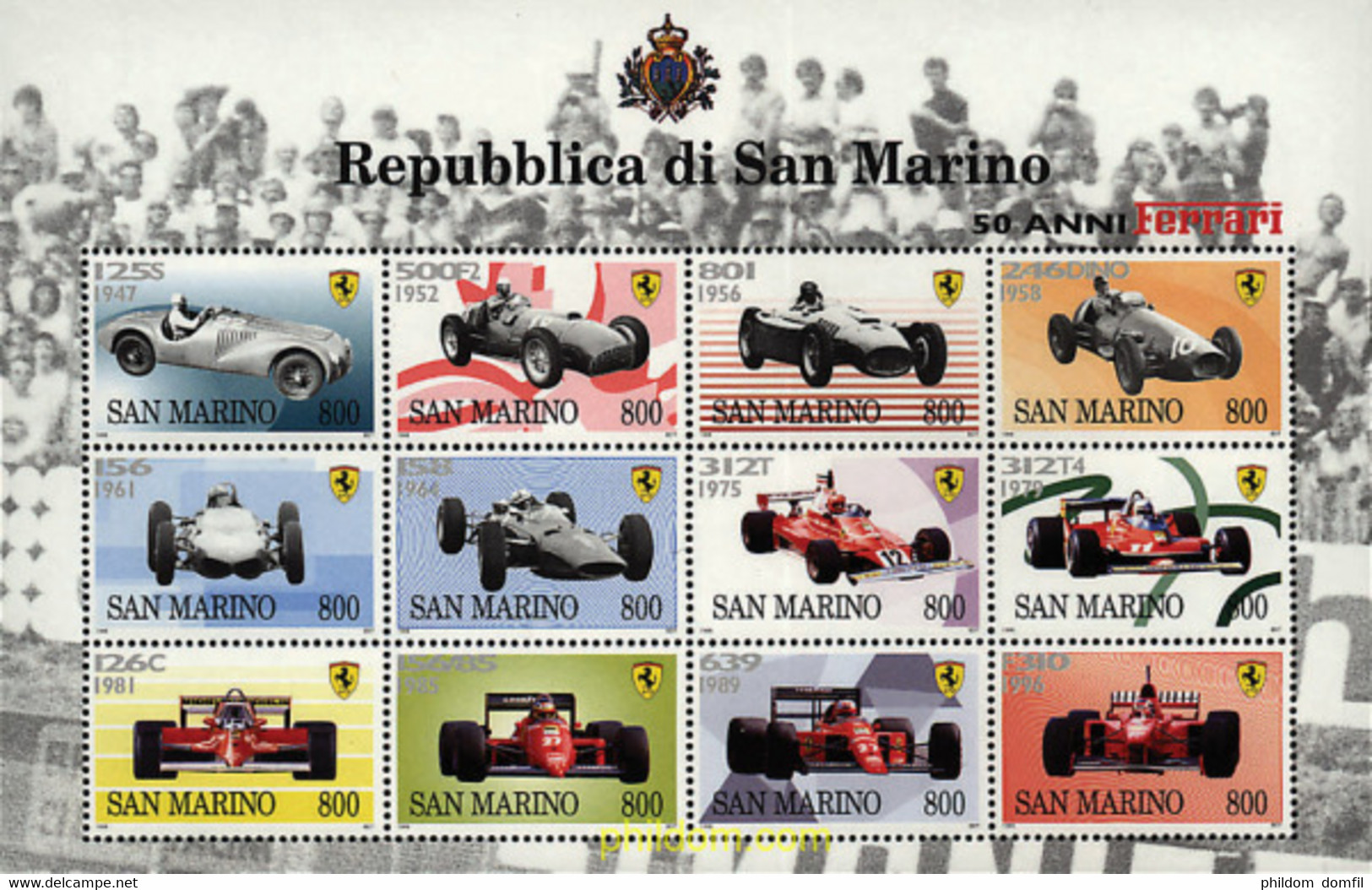 237847 MNH SAN MARINO 1998 50 ANIVERSARIO DE FERRARI. AUTOMOVILES DE CARRERAS Y FORMULA 1 - Gebruikt