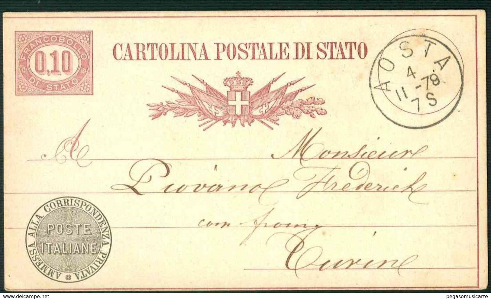 CLH382 -  CARTOLINA POSTALE DI STATO CENTESIMI 0,10 -  STORIA POSTALE 1878 DA AOSTA A TORINO INTERO POSTALE - Entiers Postaux