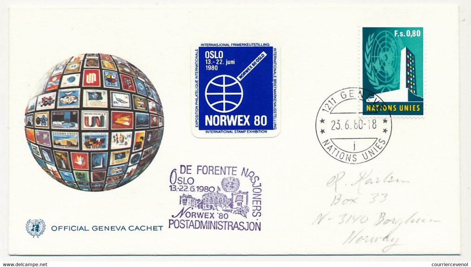 NORVEGE / ONU - 6 Documents ONU Avec Vignette Bleue "NORWEX 80" Oblit Diverses Et Stand ONU à L'expo - OSLO 1980 - Storia Postale