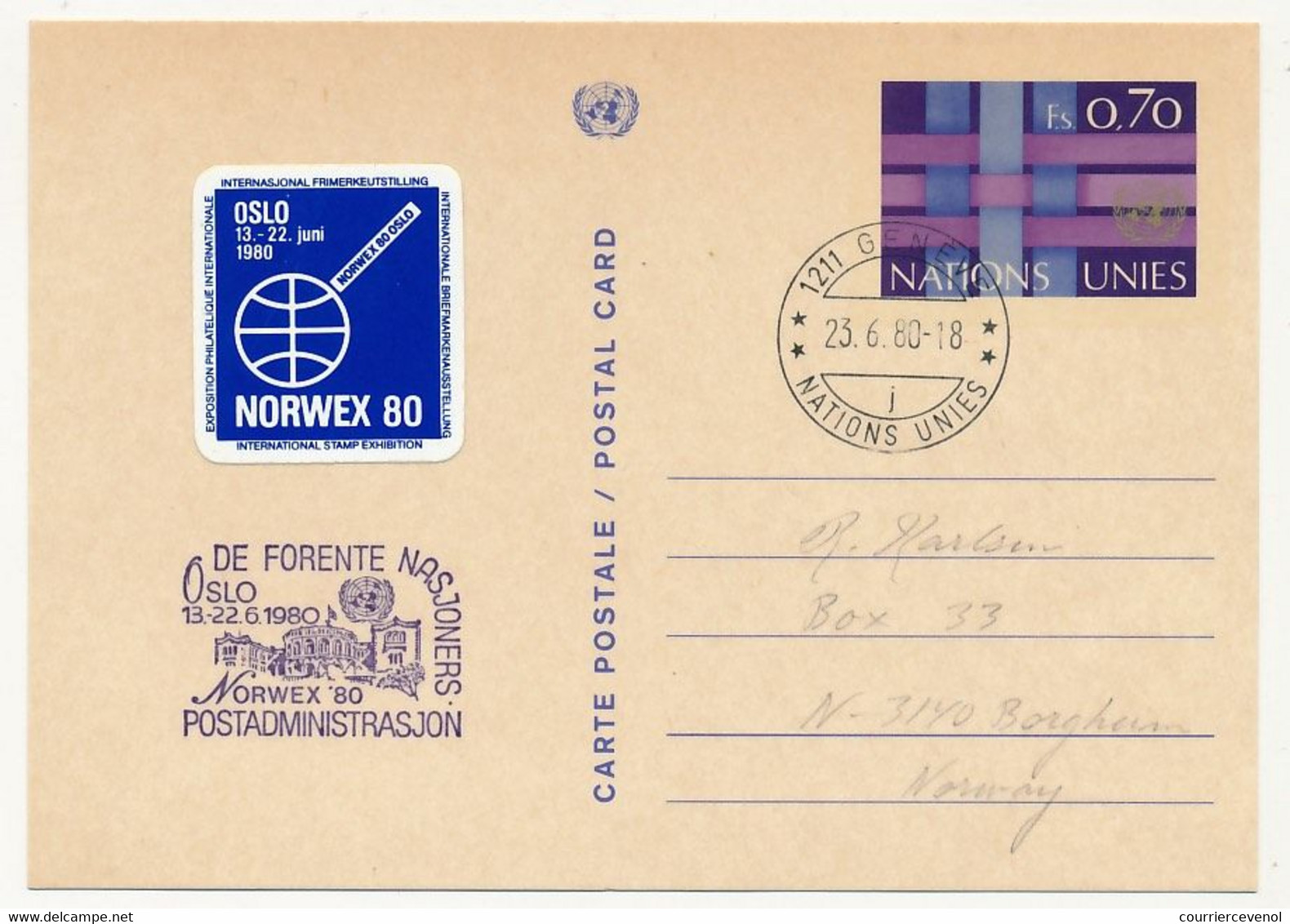 NORVEGE / ONU - 6 Documents ONU Avec Vignette Bleue "NORWEX 80" Oblit Diverses Et Stand ONU à L'expo - OSLO 1980 - Brieven En Documenten