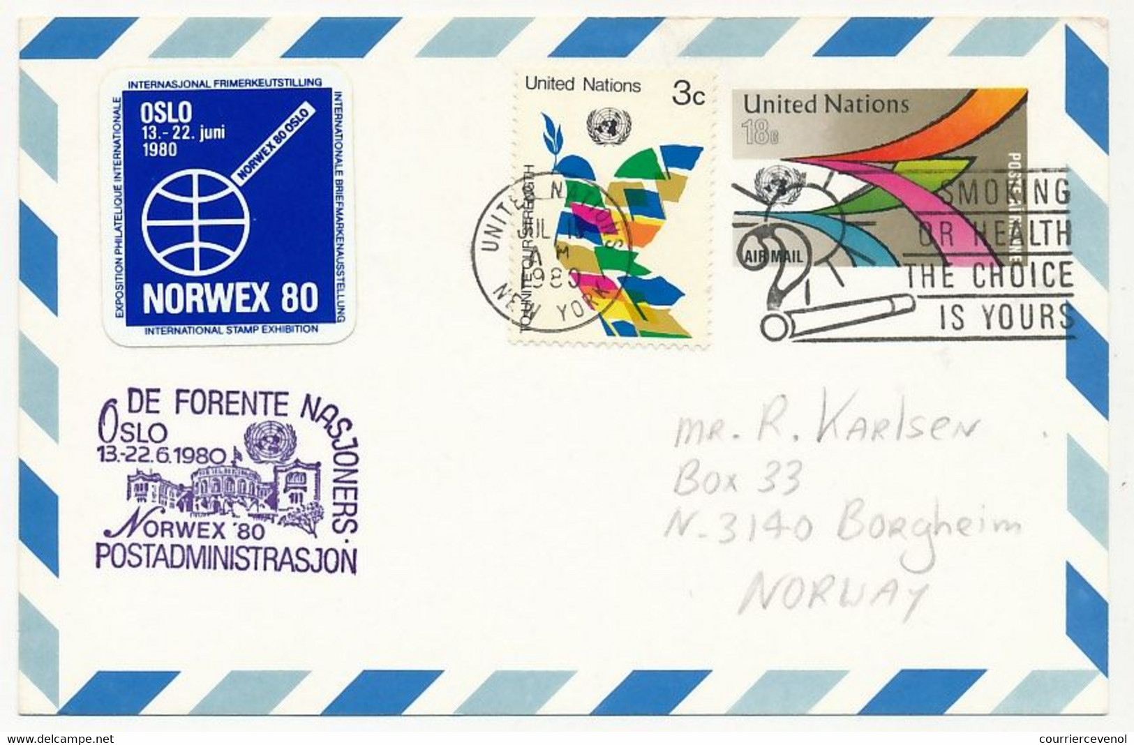 NORVEGE / ONU - 6 Documents ONU Avec Vignette Bleue "NORWEX 80" Oblit Diverses Et Stand ONU à L'expo - OSLO 1980 - Storia Postale