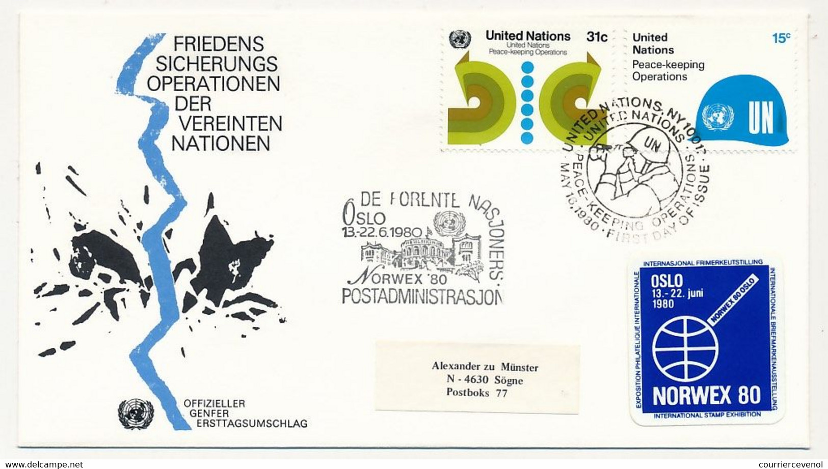 NORVEGE / ONU - 6 Documents ONU Avec Vignette Bleue "NORWEX 80" Oblit Diverses Et Stand ONU à L'expo - OSLO 1980 - Lettres & Documents