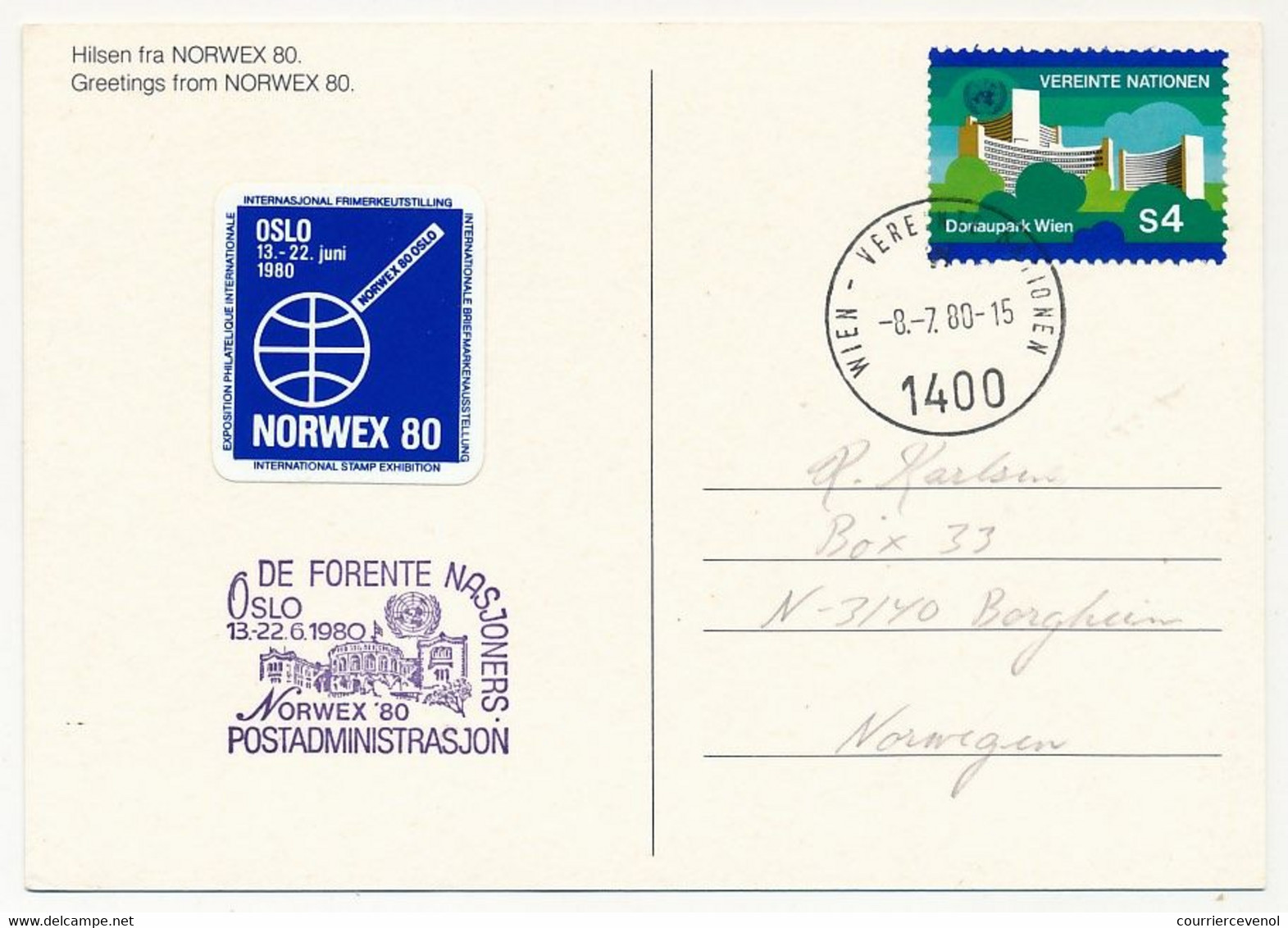 NORVEGE / ONU - 6 documents ONU avec vignette bleue "NORWEX 80" oblit diverses et Stand ONU à l'expo - OSLO 1980