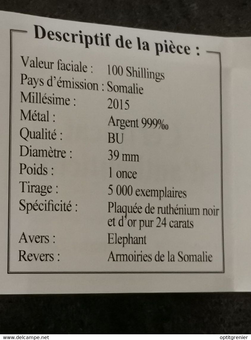 100 SHILLINGS ARGENT SOMALIE ELEPHANT PLAQUEE OR ET RUTHENIUM NOIR / SILVER 5000 EX. - Somalië