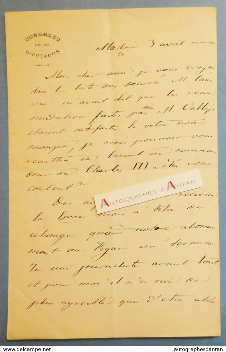 ● L.A.S Ignacio J ESCOBAR Congreso De Los Diputados Brevet De Commandeur De Charles III Lettre En Français à Adrien Marx - Spanje