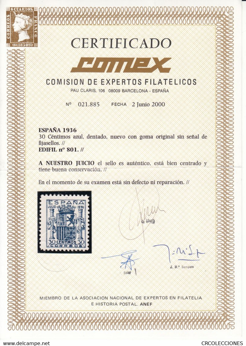 CRS588 SELLO ESPAÑA Nº CAT 801 XX BIEN CENTRADO. CERTIFICADO COMEZ. SIN CHARNELA - Other & Unclassified