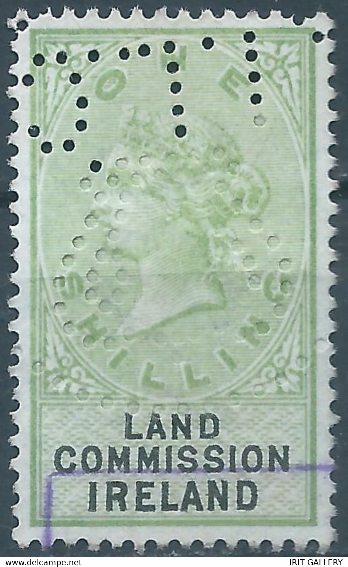 Great Britain-ENGLAND,Queen Victoria,1870-1900 Revenue Stamp Tax Fisca,LAND COMMISSION IRELAND,1 Shilling,PERFIN,Used - Steuermarken