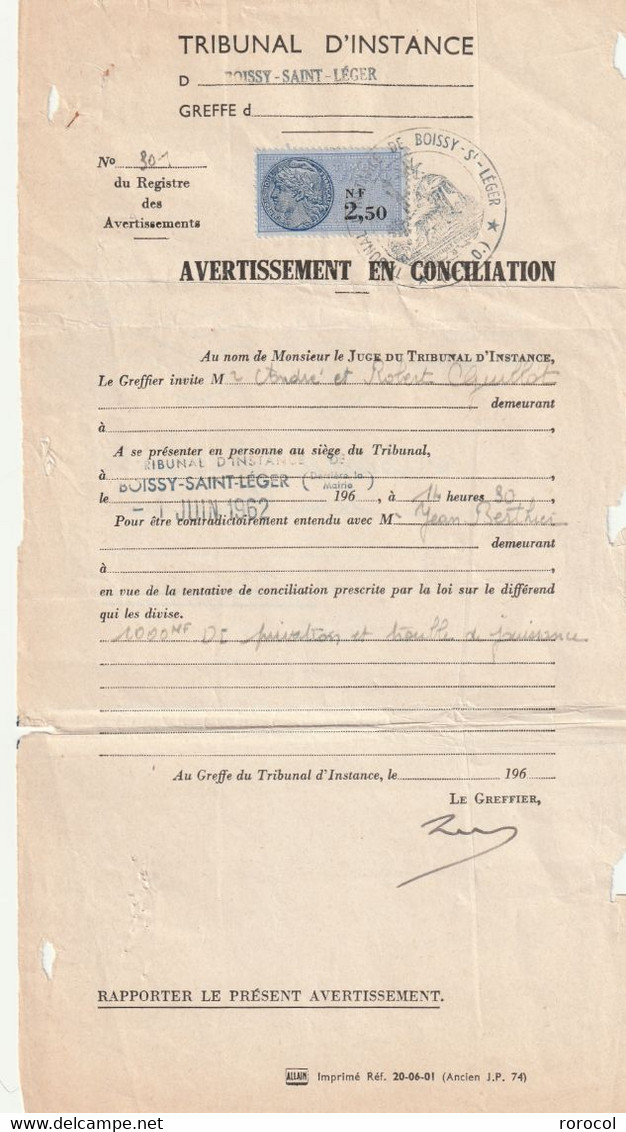 LETTRE 1962 BOISSY SAINT LEGER Tribunal D'Instance Avertissement En Conciliation Timbre Fiscal à L'intérieur - 1960 Marianna Di Decaris