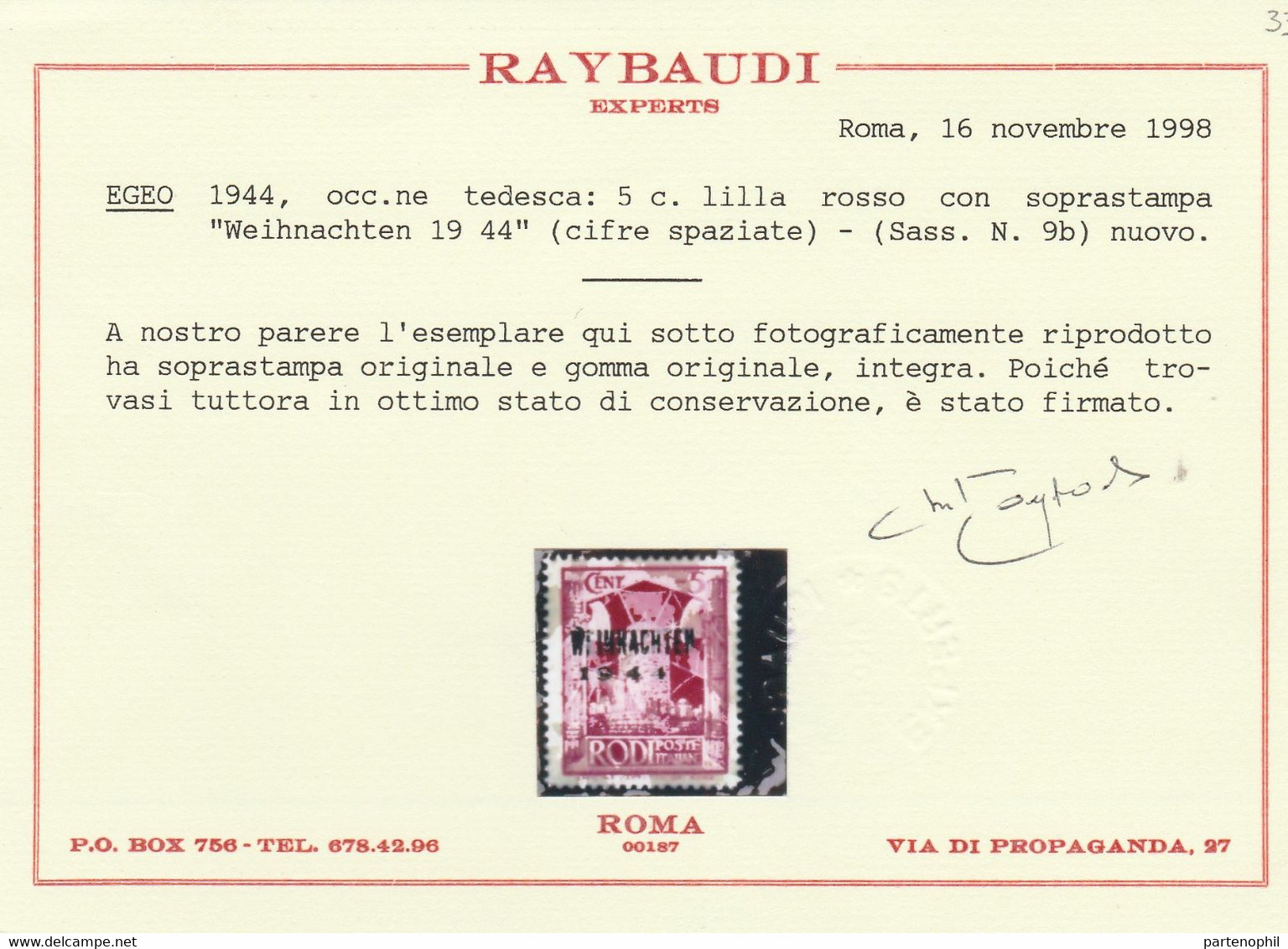 412 Occupazione Tedesca Dell'Egeo  1944 - 5 C. Lilla Rosso Soprastampato “WEIHNACHTEN 1944” Con Cifre Spaziate N. 9 MNH - Ägäis