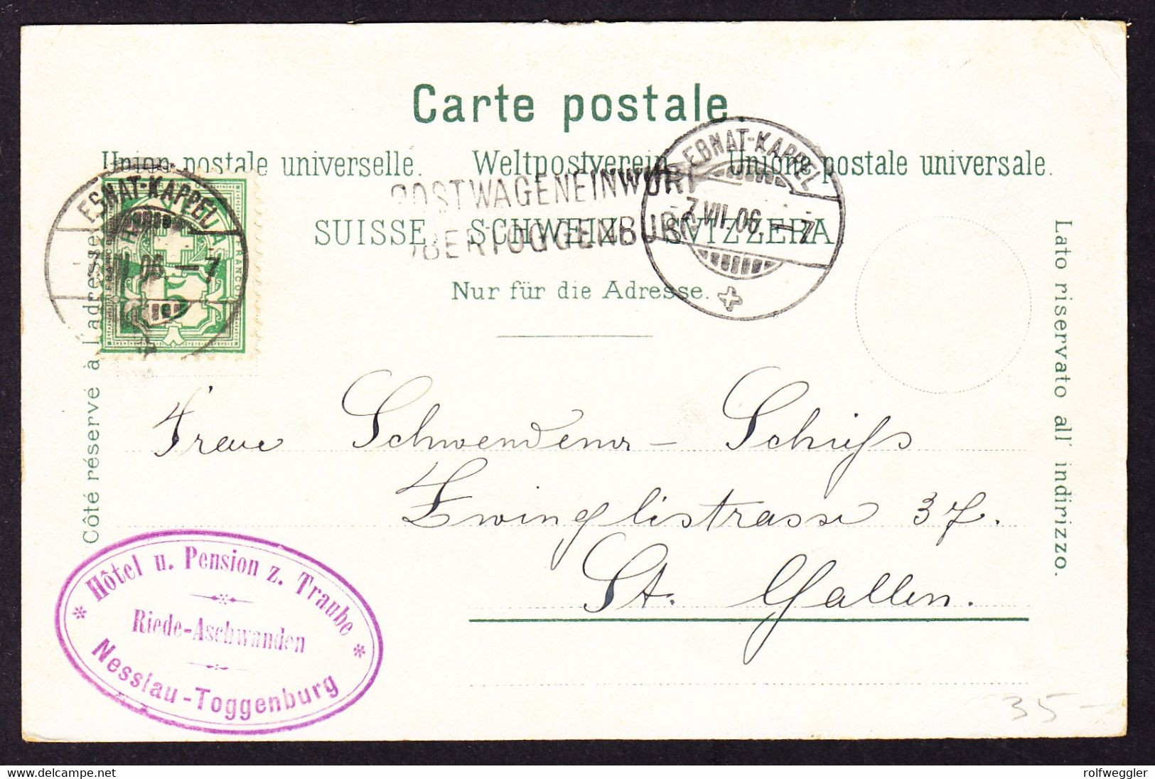 1906 Gelaufene AK, Kleiner Eckbug, Gruss Aus Nesslau Mit Hotelstempel ZUR TRAUBE. Gestempelt EBNAT-KAPPEL. - Ebnat-Kappel