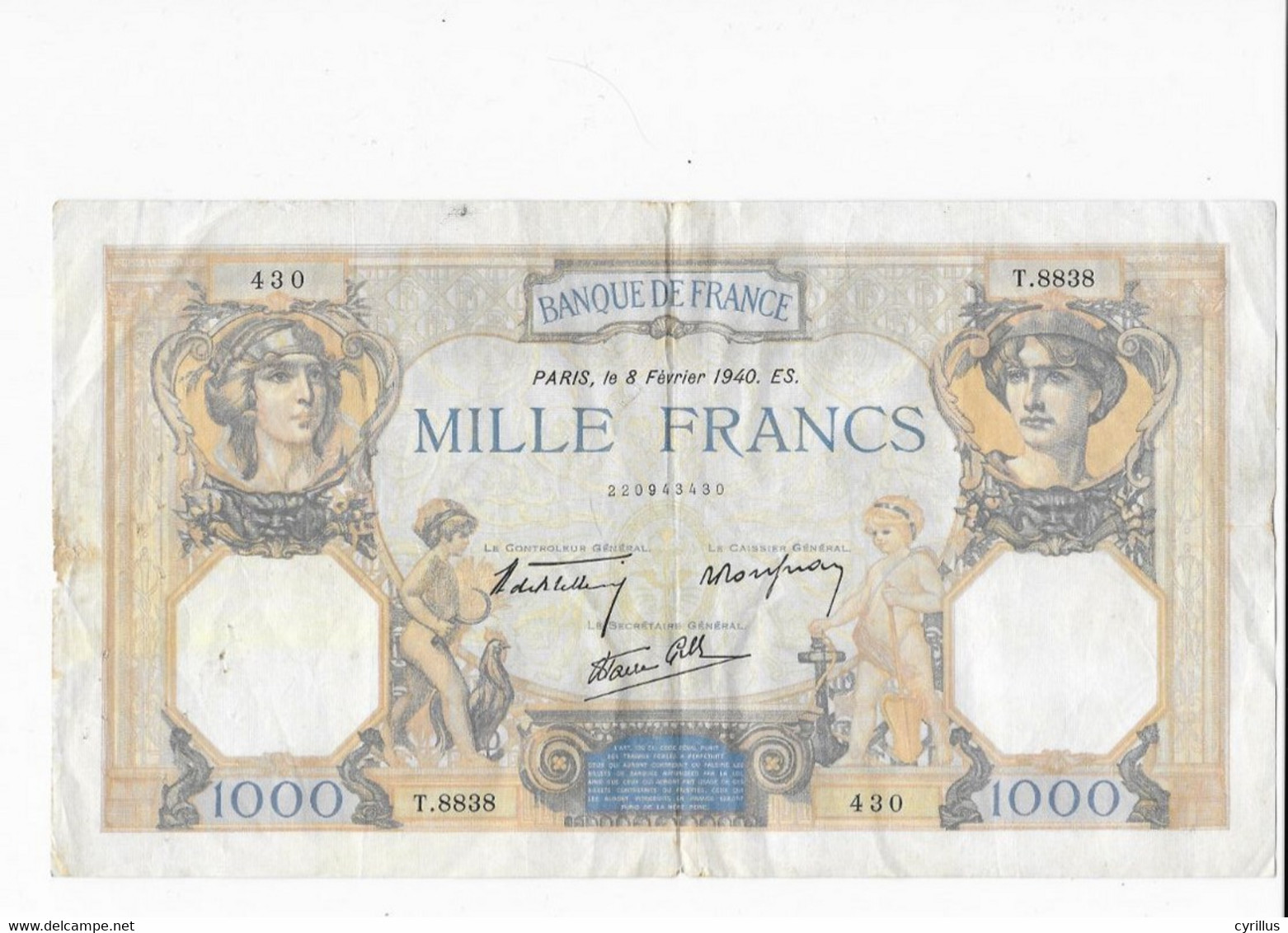 France -  Billet De 1000 Francs Cérès Et Mercure - 8 Février 1940.ES. - 1 000 F 1927-1940 ''Cérès Et Mercure''