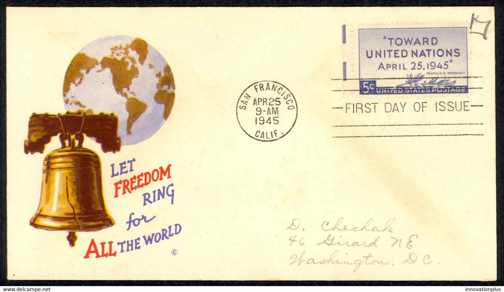 USA Sc# 928 (Jacques Minkus Cachet) FDC (a) San Francisco, CA 1945 UN Conference - 1941-1950