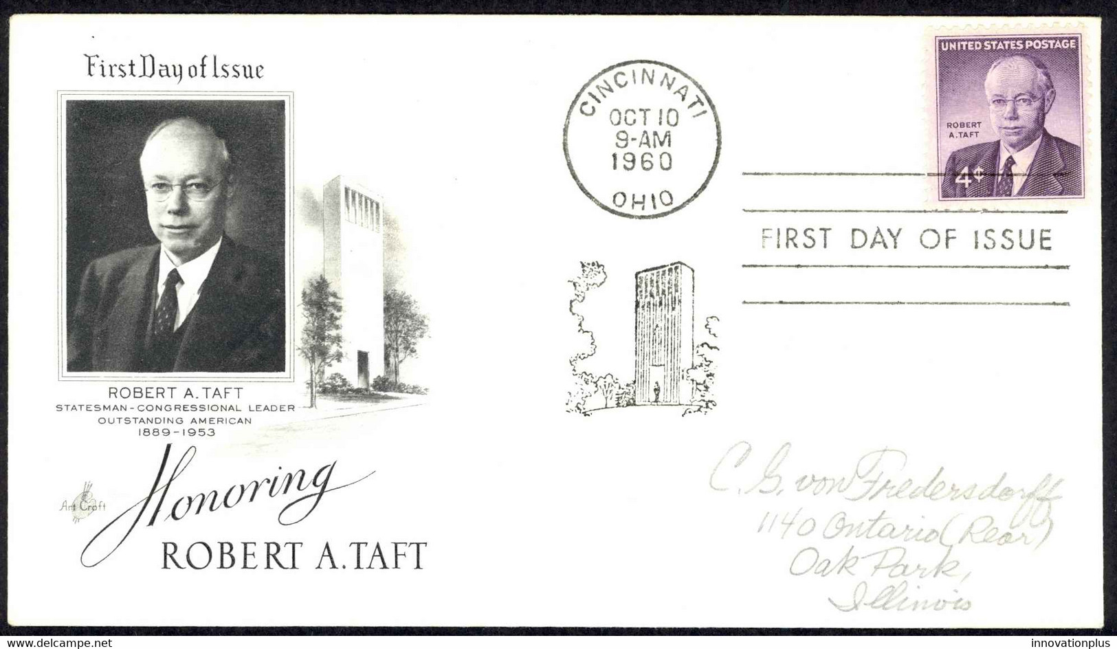 USA Sc# 1161 (ArtCraft) FDC (b) (Cincinnati, OH) 1960 10.10 Robert A. Taft - 1951-1960