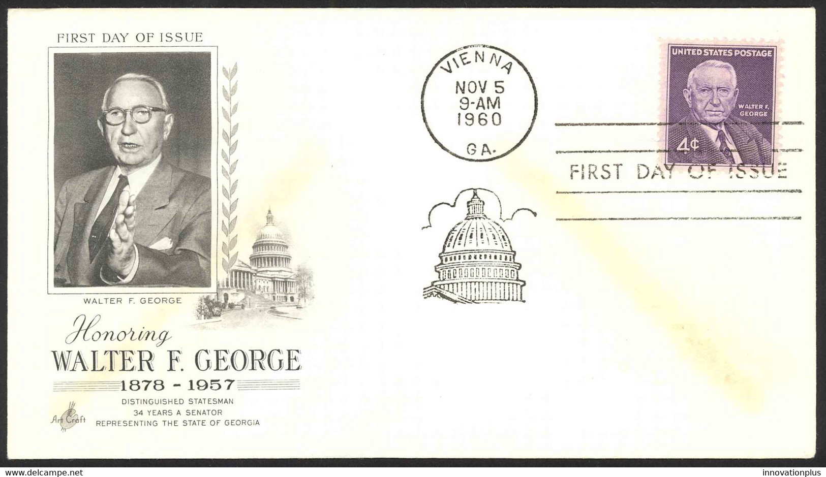 USA Sc# 1170 Single (ArtCraft) FDC (a) (Vienna, GA) 1960 11.5 Walter F. George - 1951-1960