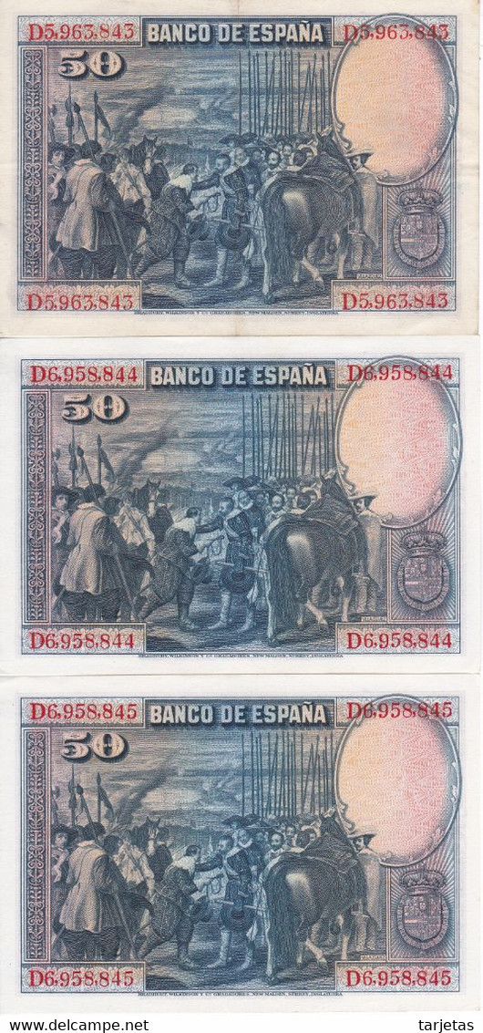 TRIO CORRELATIVO DE 50 PTAS DE 1928 DE VELAZQUEZ SERIE D EN CALIDAD EBC (XF) (BANKNOTE) - 50 Peseten