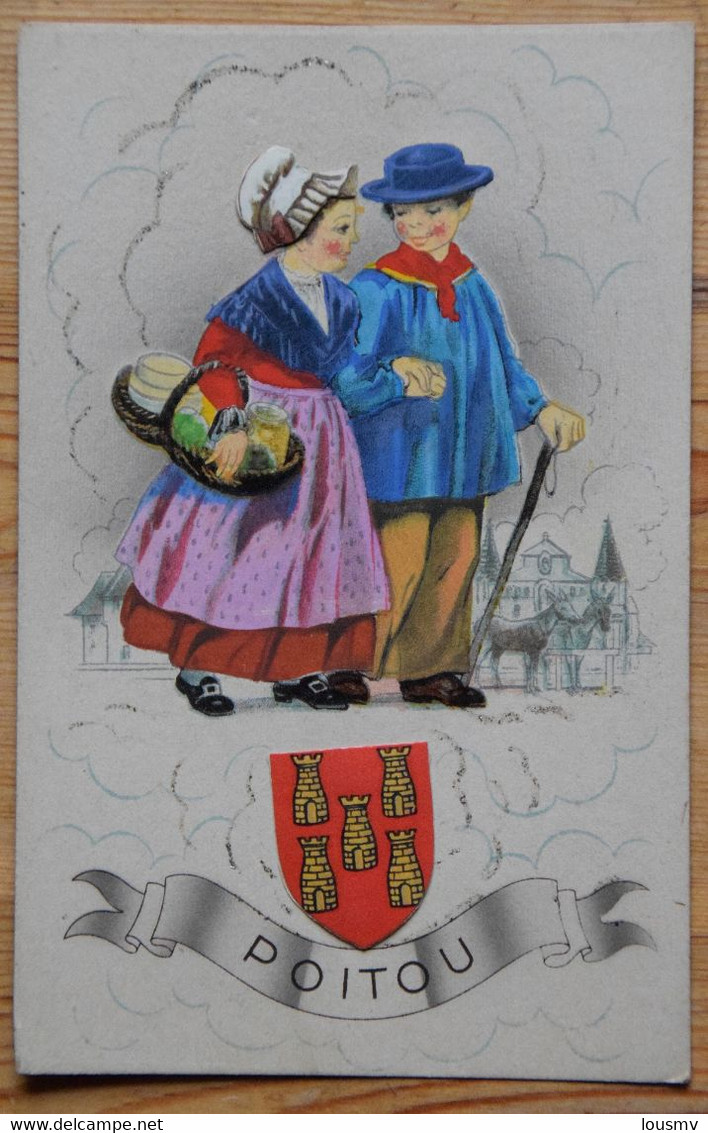 Poitou - Couple En Tenue Traditionnelle - Blason - Collage Avec Paillettes - (n°25455) - Poitou-Charentes