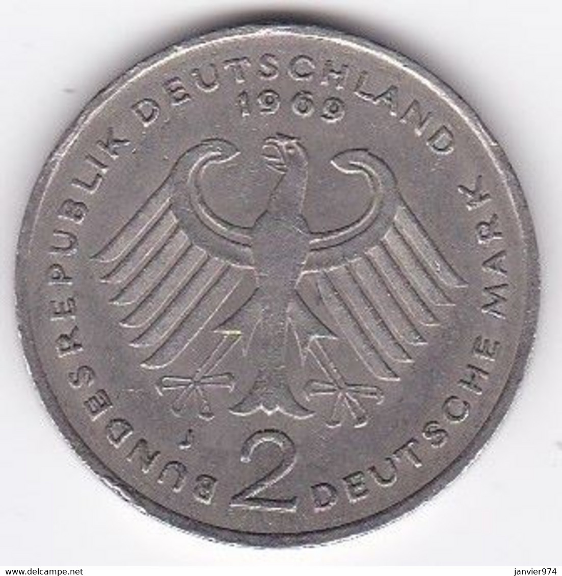 2 Deutsche Mark 1969 J HAMBOURG , Konrad Adenauer, Cupronickel, KM# 124 - 2 Marchi