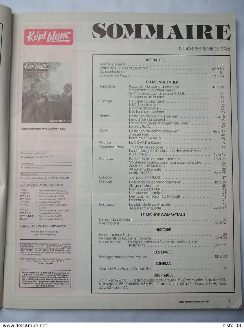 KEPI BLANC : 1986 : LEGION ETRANGERE  . 3° REI . 2° REI . MANOEUVRES . F.F.L. . DJIBOUTI . MAYOTTE . Etc - Frans