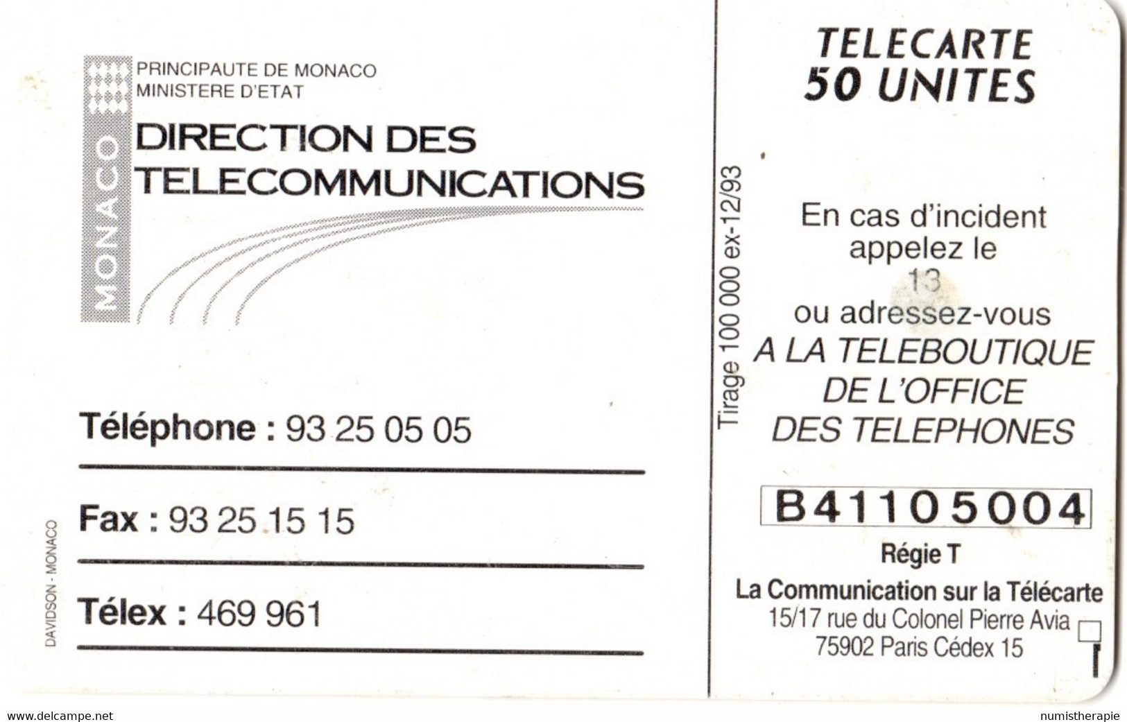 Monaco : Direction Des Télécommunications : Tirage 100.000 Ex 12/1993 - Monaco