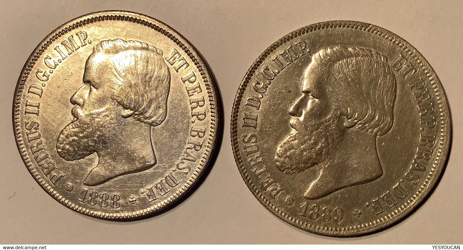 Brazil 1888 + 1889 2000 Reis Silver Coin Of Petrus II, AU Condition (Brésil Empire Monnaie D‘ Argent SUP, Crown - Brésil