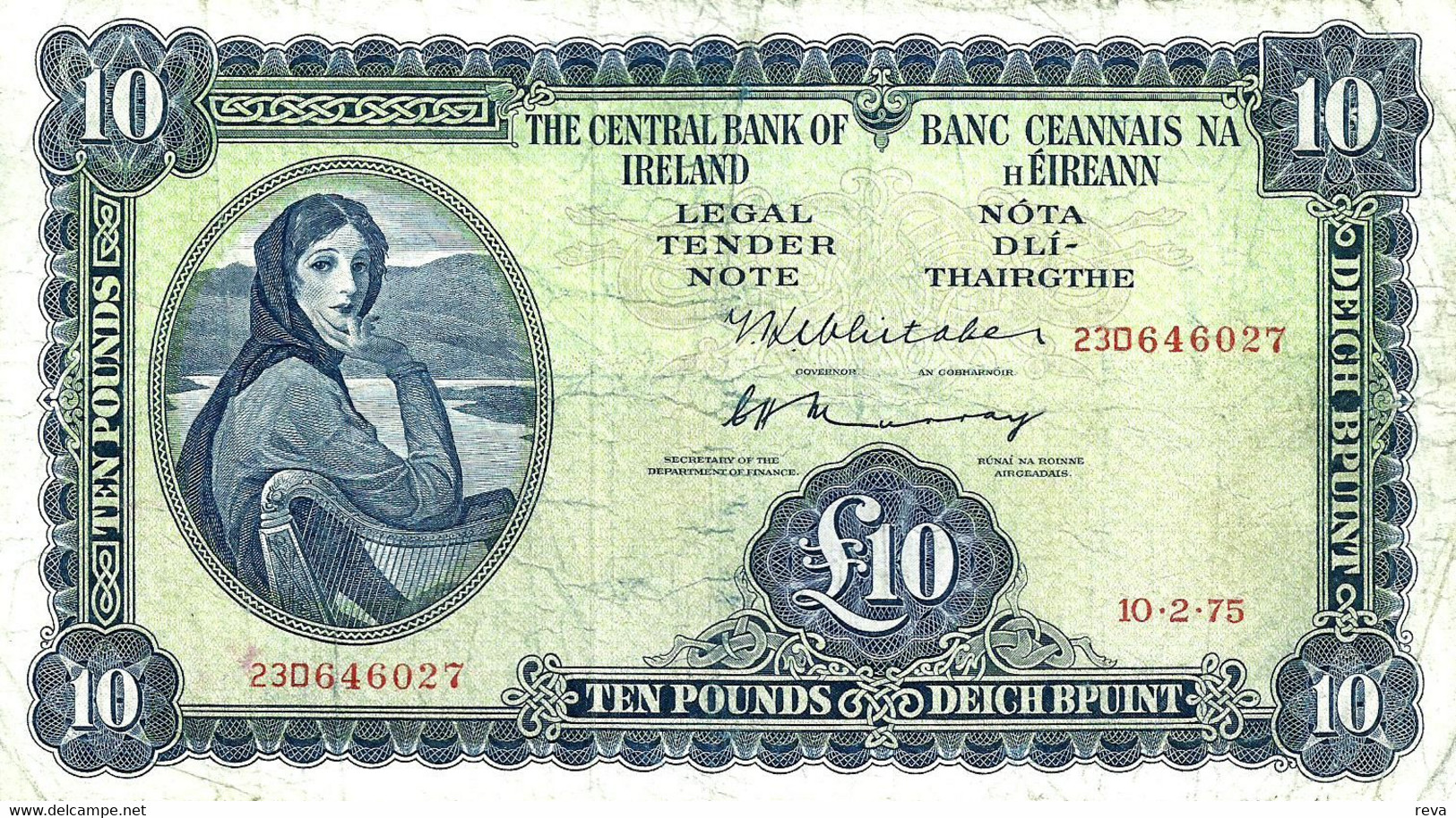 IRELAND 10 POUNDS BLUE WOMAN FRONT MAN HEAD BACK DATED 10-02-1975 P.66c VF+ READ DESCRIPTION ! - Ireland