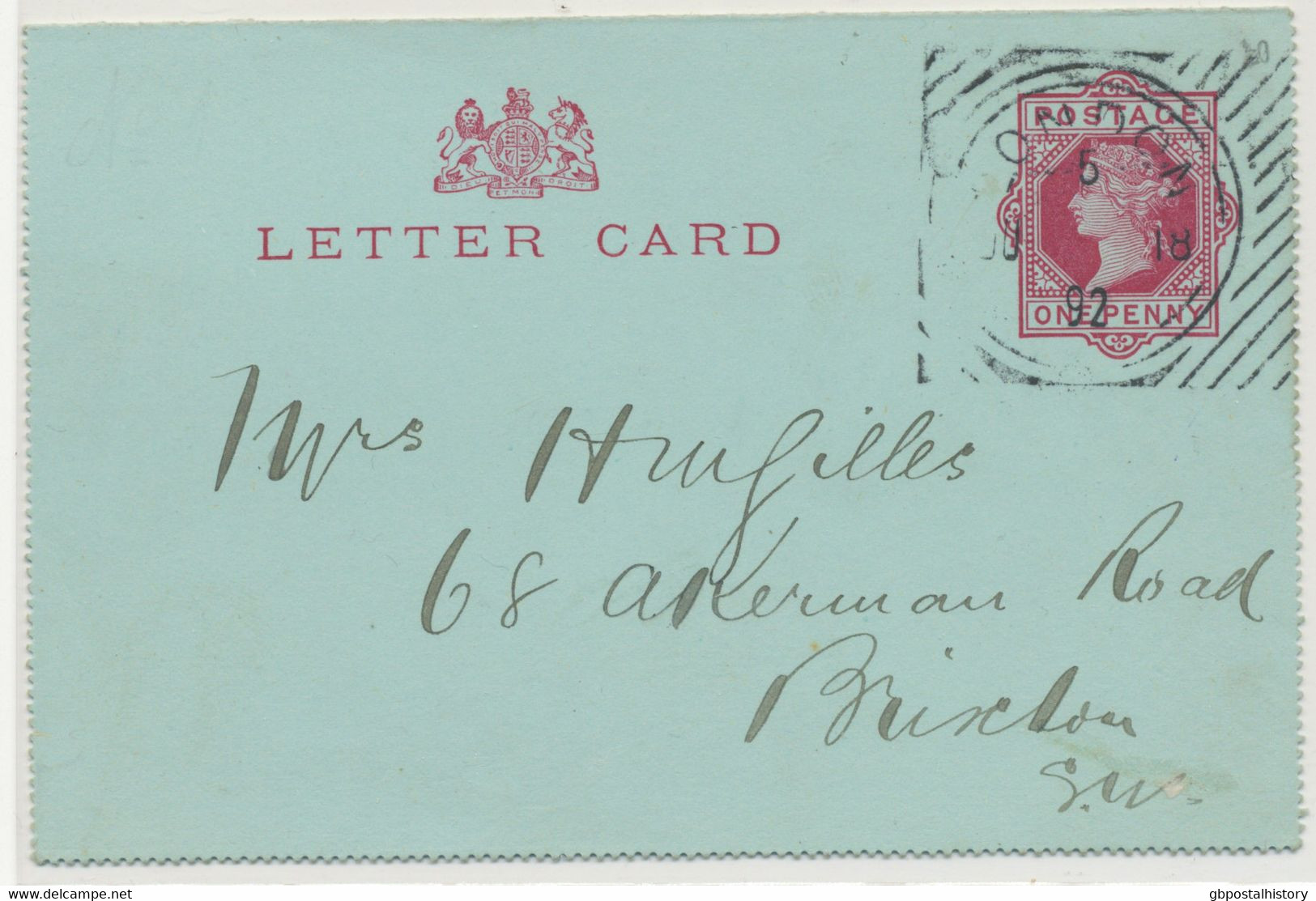 GB 1892 EXPERIMENTAL HOSTER MACHINE POSTMARK (LONDON Double Rim, 18 Bars (M) – CBP 10/21) On Superb QV 1d Carmine Postal - Storia Postale