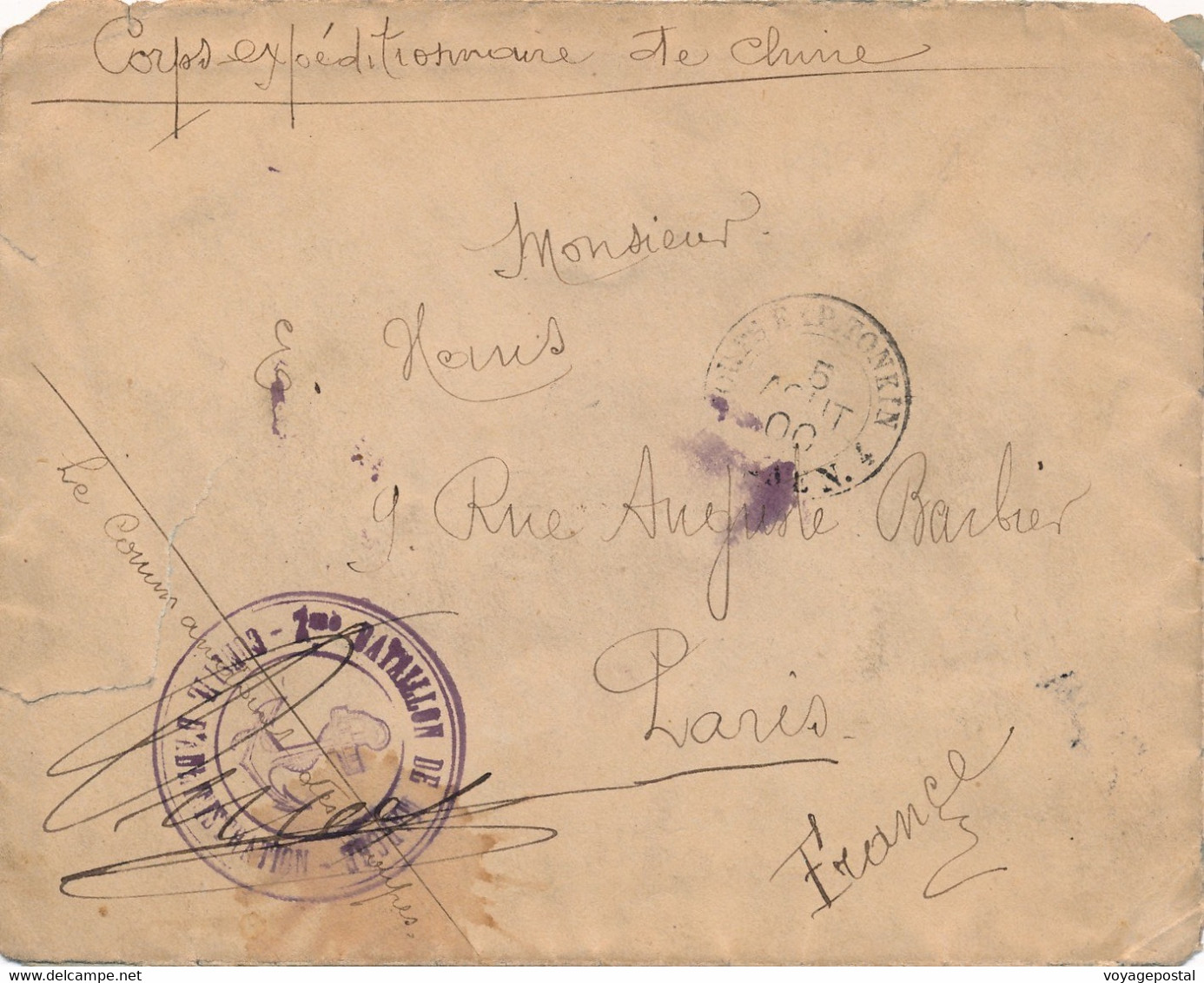 LETTRE CORPS EXPEDITIONNAIRE DE CHINE TONKIN LIGNE N°4 1ER BATAILLON DE MARCHE COVER CHINA - Briefe U. Dokumente