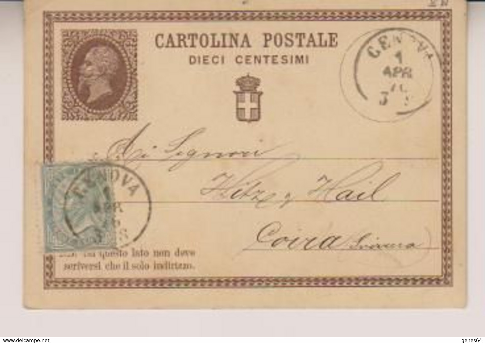 V.E.II 10 C. (filigrano C1) + 5 C. Per La Svizzera - Entiers Postaux