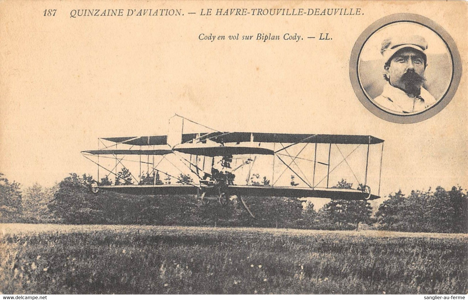 CPA 14 QUINZAINE D'AVIATION LE HAVRE TROUVILLE DEAUVILLE CODY EN VOL SUR BIPLAN CODY - Trouville