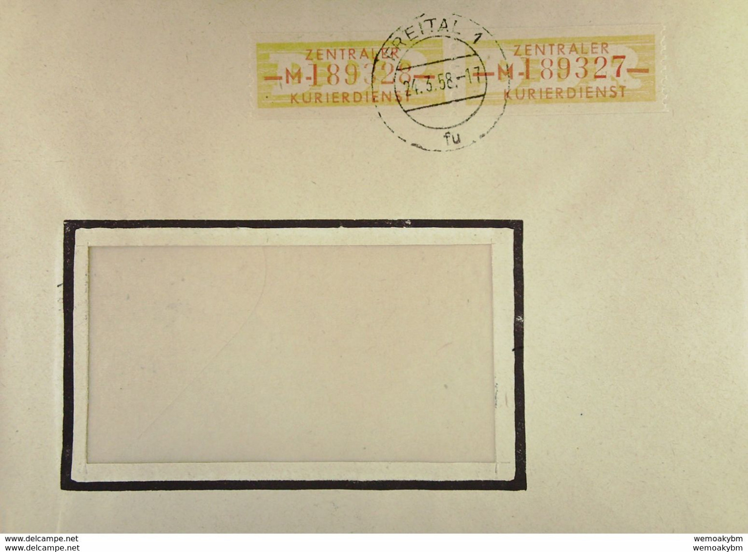DDR: ZKD-Fern-Brief Mit 10 Pf  MeF (2)  OSt. Freital 1 Vom 24.3.58  Nr: 189328/7  Knr: B 16 M (2) - Zentraler Kurierdienst