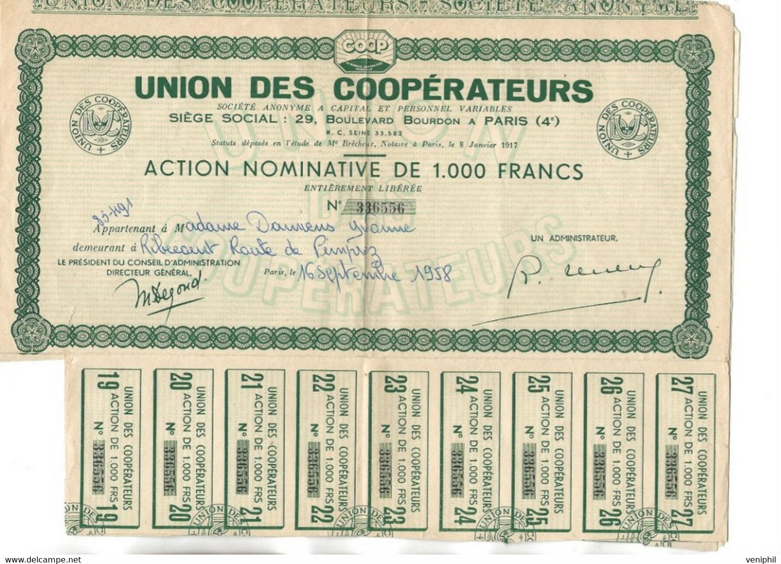 UNION  DES COOPERATEURS - LOT DE 4 ACTIONS DE 1000 FRS  - ANNEE 1958 - Other & Unclassified