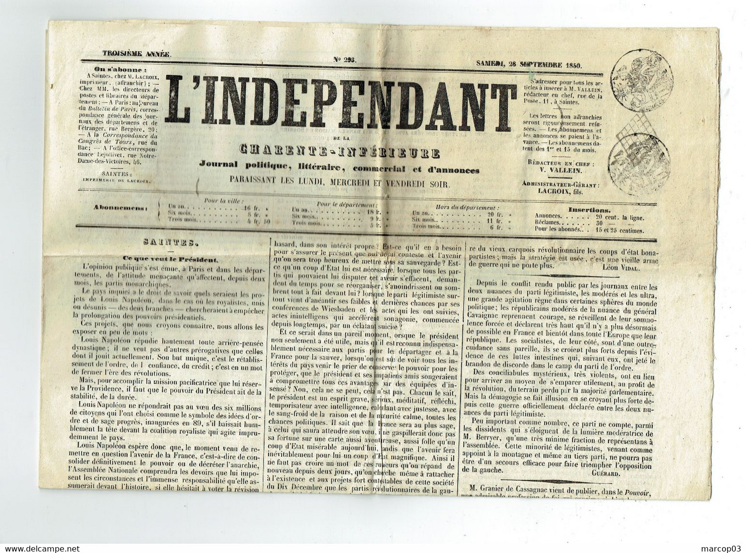 Journal L'Indépendant (complet) Du 28/09/1850 2 Timbres Humides 1 C Noir (fiscal + Postal ) Obl Grille Belle Pièce - Journaux