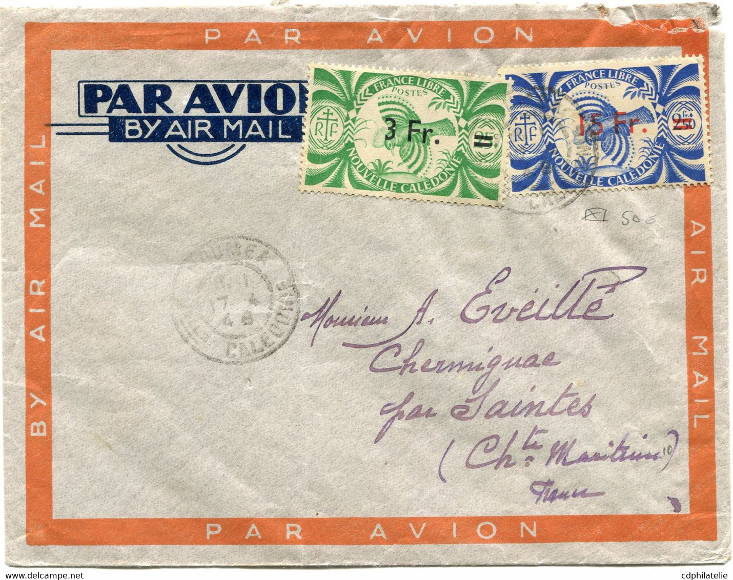 NOUVELLE-CALEDONIE FRANCE LIBRE LETTRE PAR AVION DEPART NOUMEA 17-4-46 Nelle CALEDONIE POUR LA FRANCE - Cartas & Documentos