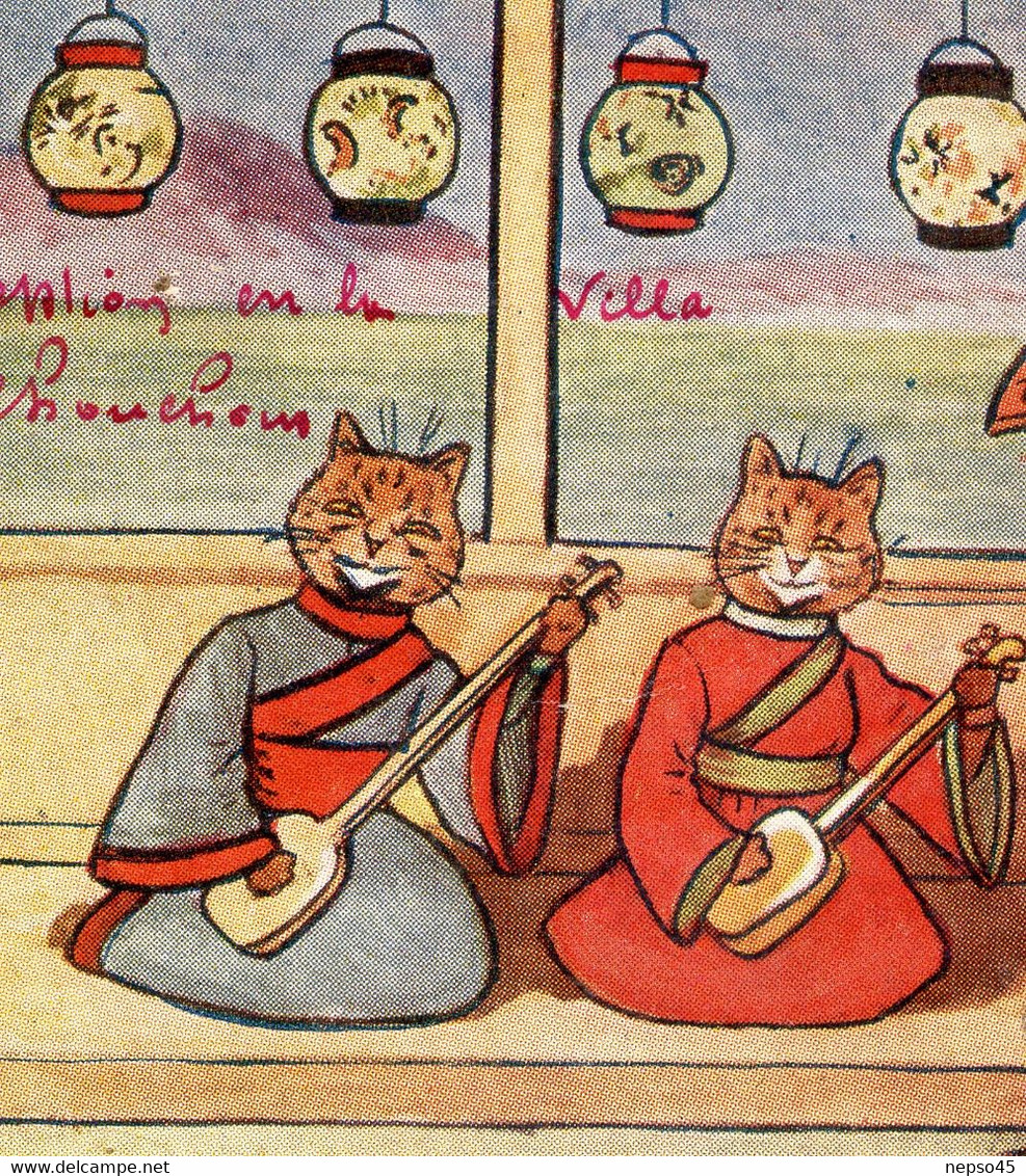 Illustrateur Wain Louis.Animaux Habillés De Forme Humaine.chats En Asie.Japon.chat.cat. " Grâces Japonaises  " - Wain, Louis